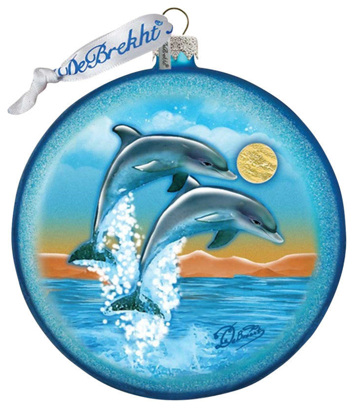 Hand Painted Scenic Glass Ornament Dolphins Fly