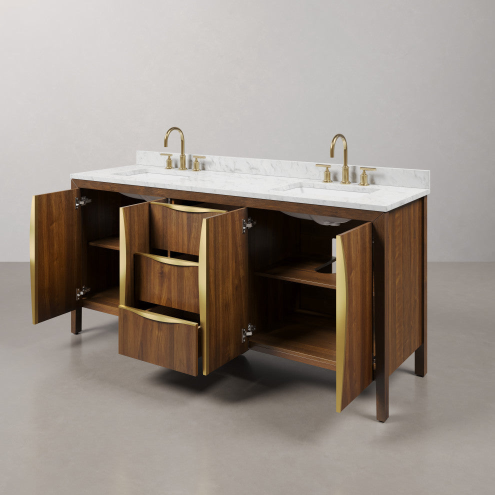 Ferrero Marble Top Bath Vanity, Nori Juglans, 72, Double Sink, Satin Gold Faucet