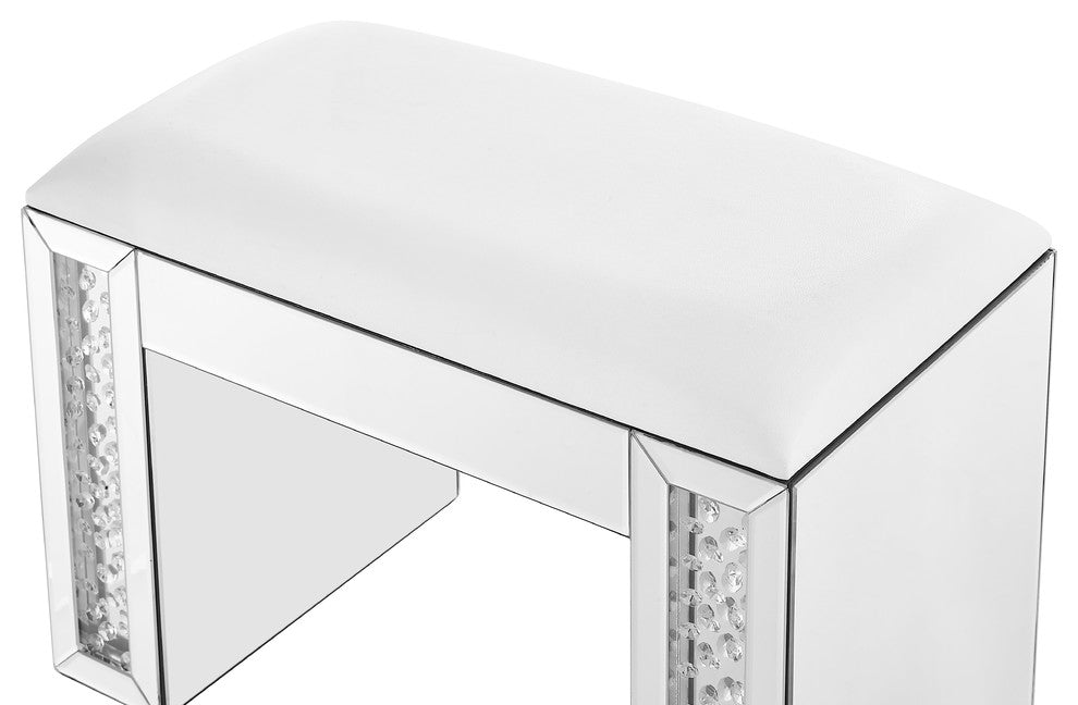 26" Crystal Vanity Leather Stool, Clear Mirror Finish