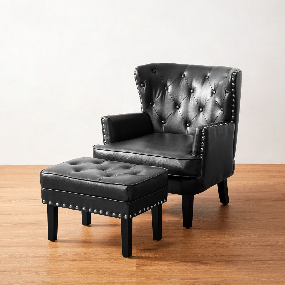 Set of 2 Accent Chair and Accent Stool, Black