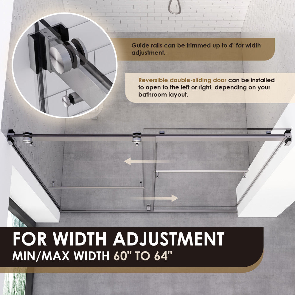 Marcelo By Pass Frameless Shower Door, Clear Glass, Brushed Nickel, 64"wx76"h