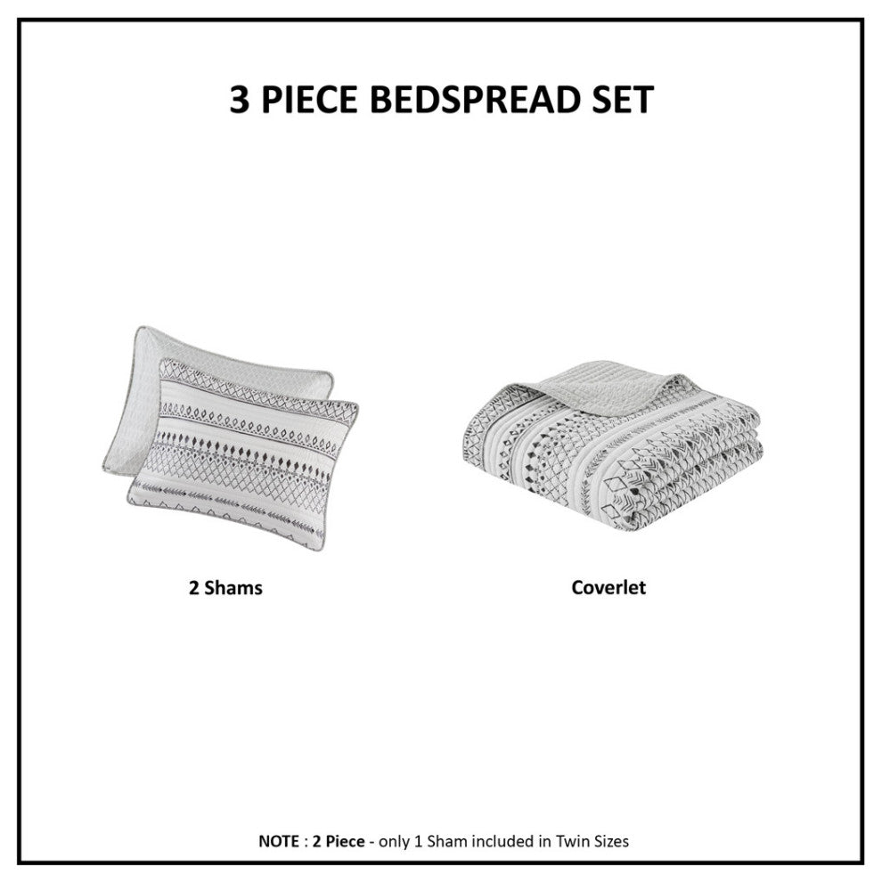 Madison Park Fraser 3 Piece Printed Microfiber Seersucker Quilt Set, Ivory/Black, King/Cal King