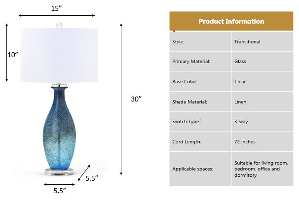 Everly 30" Blue tone Art Glass WithCrystal Base, Set of 2