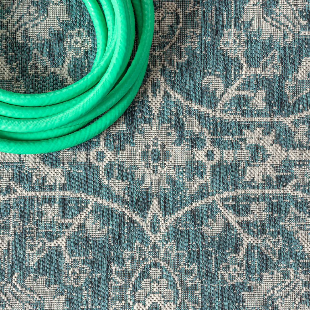 Palazzo Vine and Border Textured Weave Indoor and Outdoor Area Rug, Teal and Gra