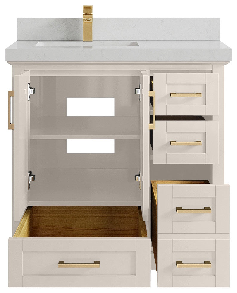 Boston 36" Left Offset Bath Vanity in Fine Grain 2" Carrara Quartz