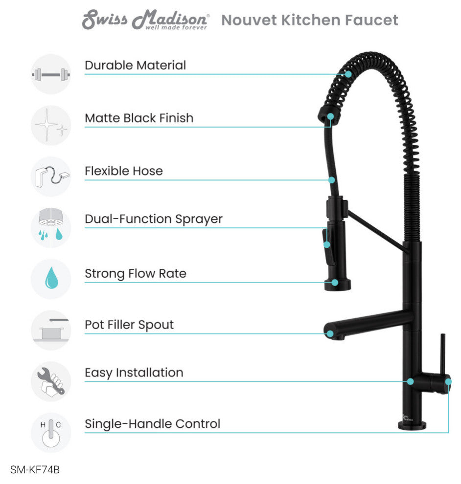 Nouvet Single Handle, Pull-Down Kitchen Faucet With Pot Filler, Matte Black