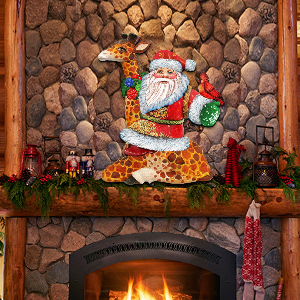 Santa On Giraffe Wooden Holiday Decorative Door Hanger