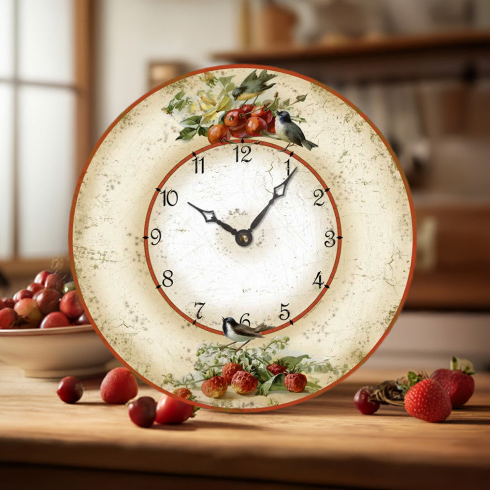 Vintage-Style Birds with Cherries and Strawberries 10.5 Inch Wall Clock