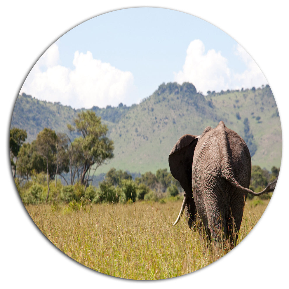 Retreating Elephant In Savannah, African Disc Metal Artwork, 11"