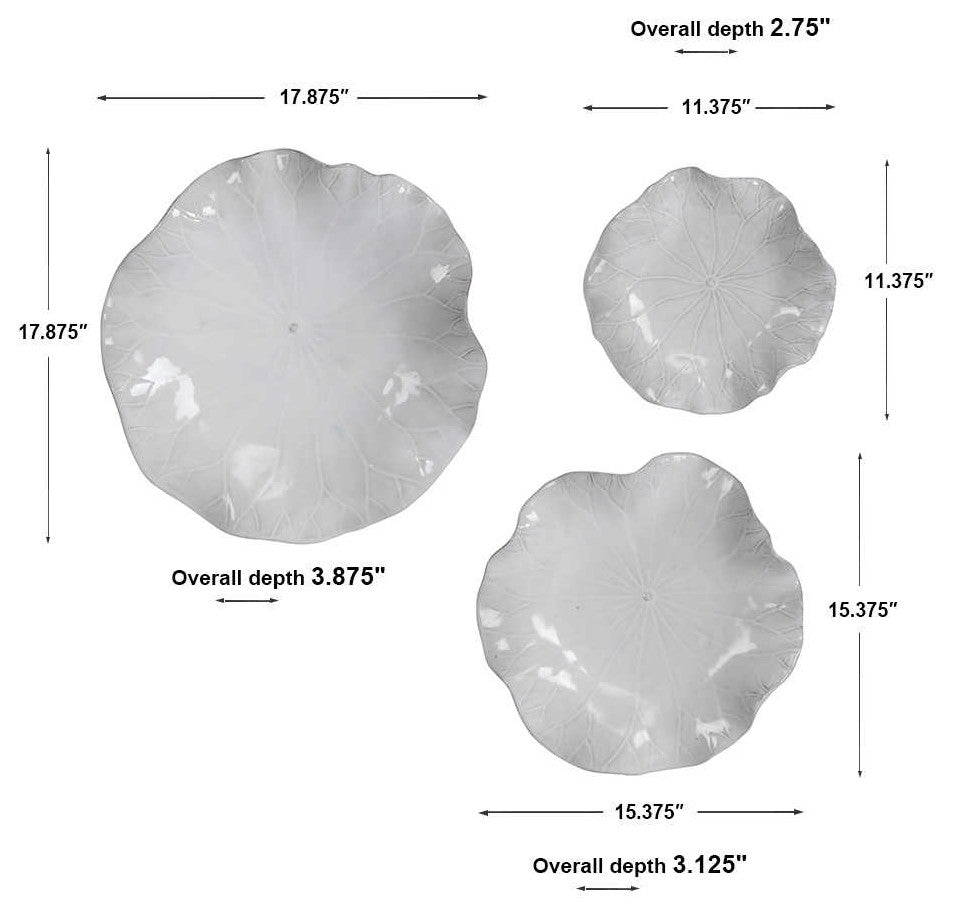 Gloss White Lily Pad Wall Art Flower Sculpture Round Leaf Hanging, 3-Piece Set