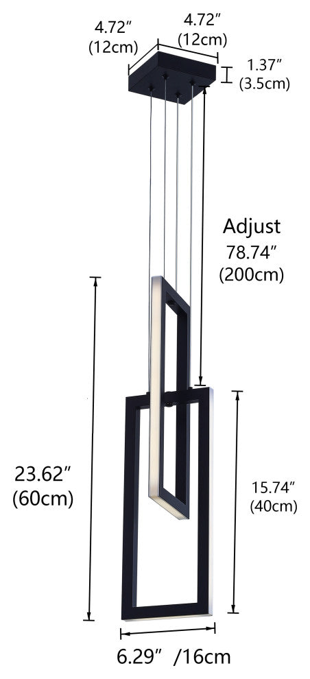 2-Light Rectangle LED Pendant Light Chandelier, Black