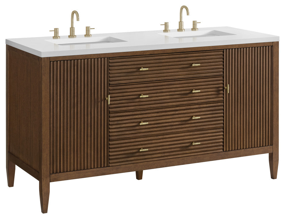 Myrrin 60" Double Vanity, Mid Century Walnut, 3 CM White Zeus Top