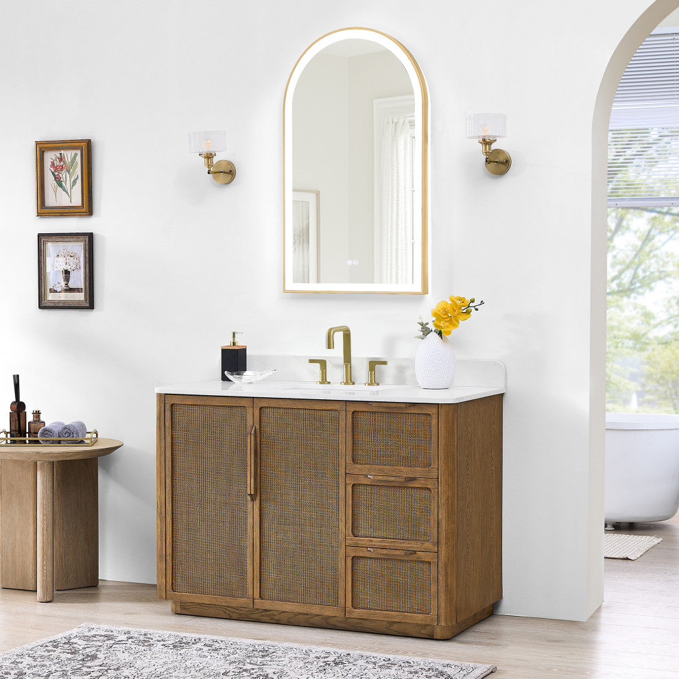 Busan Bath Vanity, Quartz Top No Mirror, Oak Classic Brown, 48", Single Vanity
