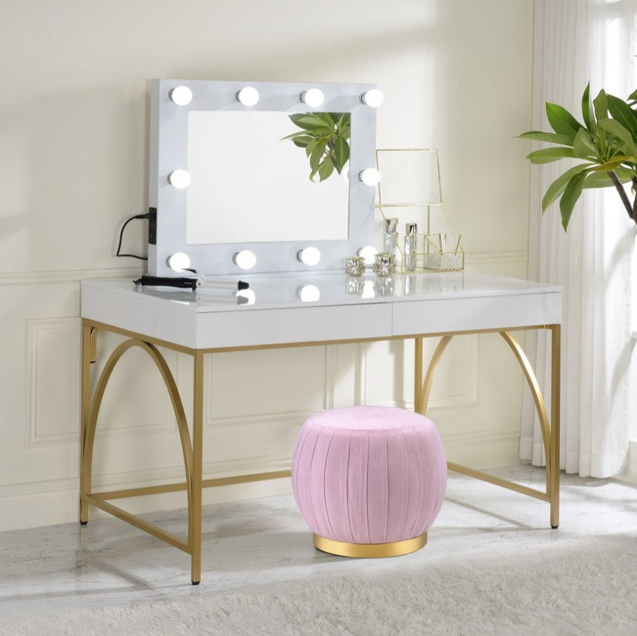 Acme Lightmane Vanity Desk, White High Gloss/Gold Finish