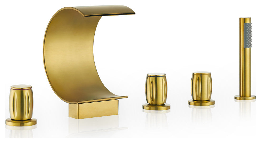 Recea Triple Handle Deck-Mount Roman Tub Faucet With Diverter and Handshower, Brushed Gold