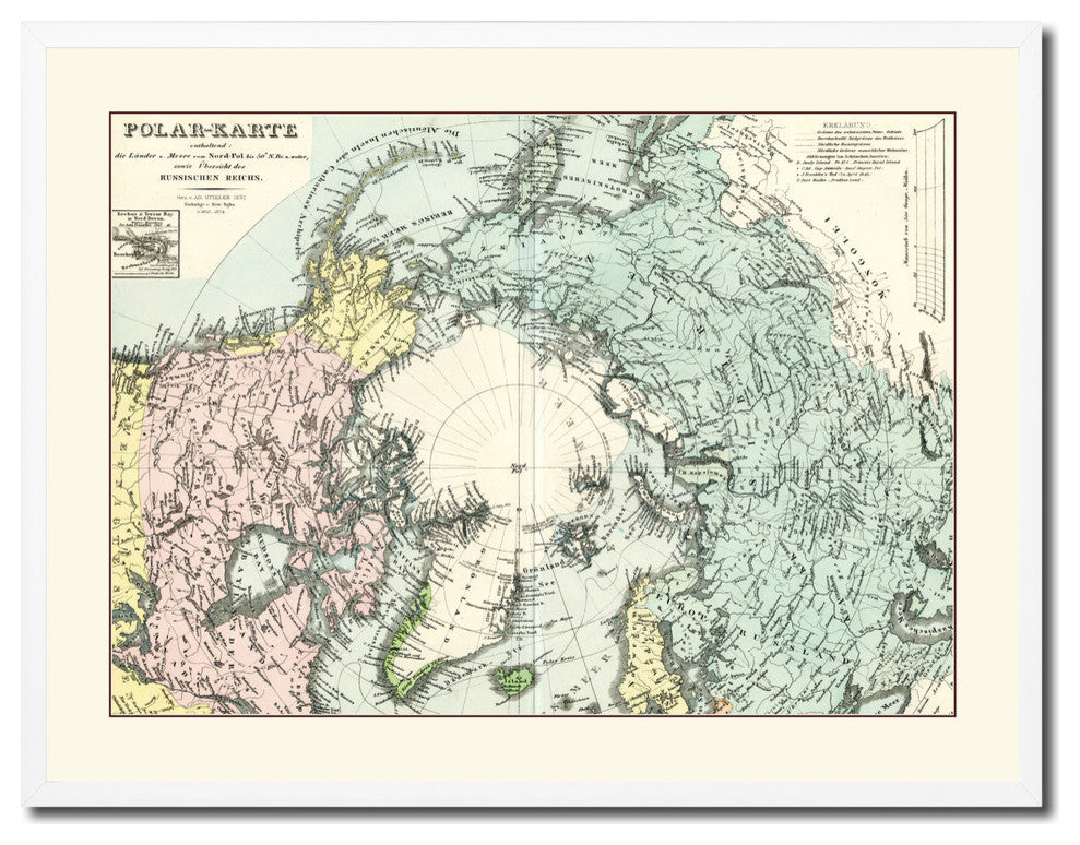 North Pole Stieler Vintage Old Map Print On Canvas With Picture Frame 28" X 37"