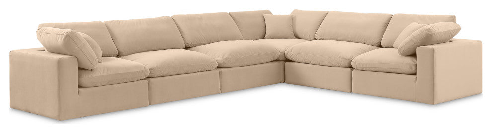 Comfy Upholstered L-Shaped Modular Sectional, Beige, 6-Piece: 3 Armless Chair, 3 Corner Chair, Velvet