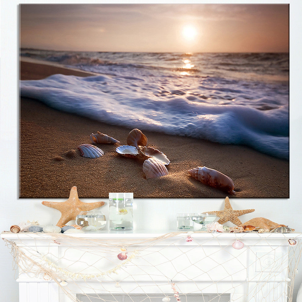 "Waves Approaching Seashells on Sand" Beach Canvas Wall Art, 32"x16"