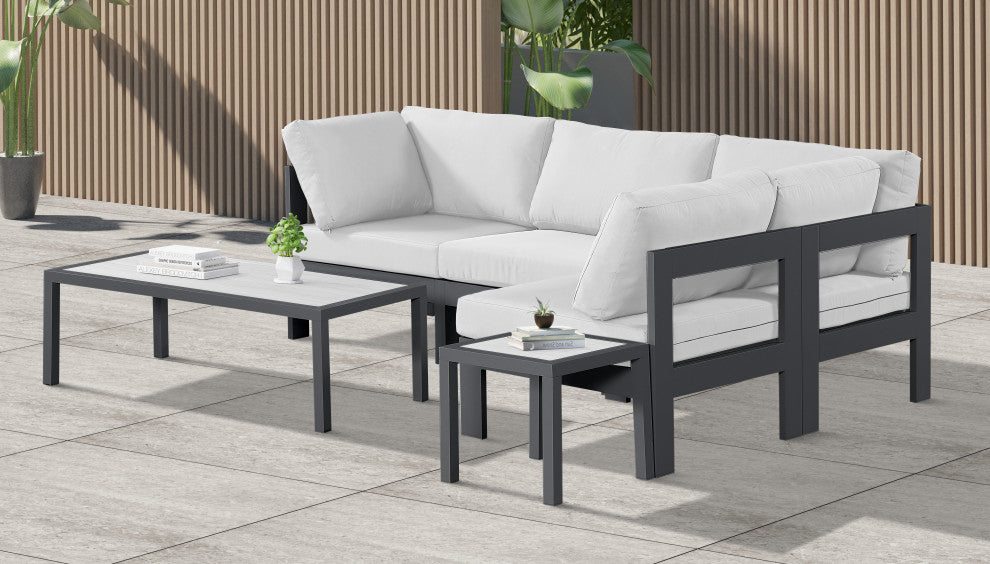 Nizuc Water Resistant Patio L-Shaped Modular Sectional, White, 4-Piece: 2 Armless Chair, 2 Corner Chair, Dark Gray Aluminum Frame