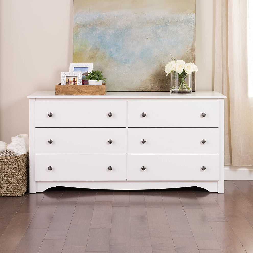 Contemporary Double Dresser, MDF Construction With 6 Storage Drawers, White