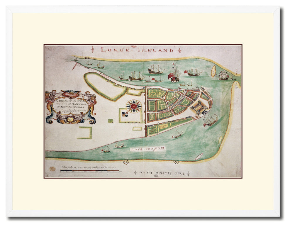 New York Old Map Print On Canvas With Picture Frame Art Collection 16" X 21"