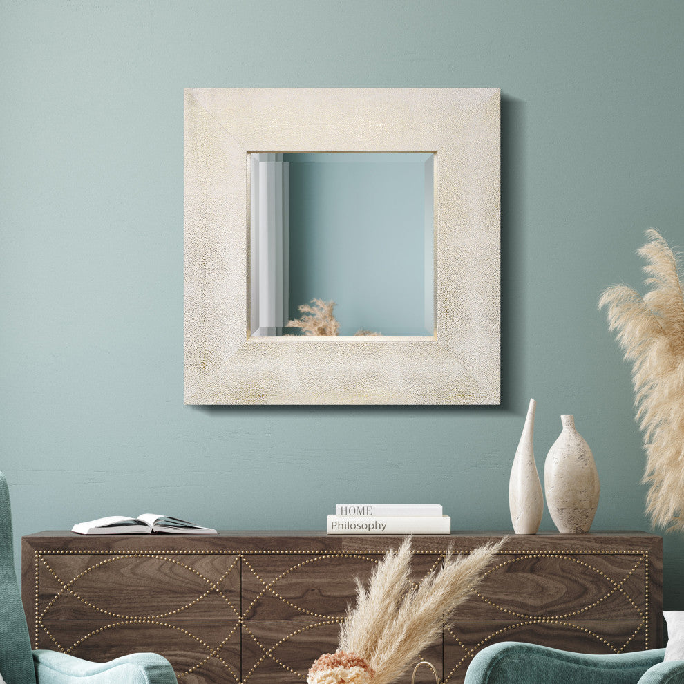 Beveled Wall Mirror, Gold on White Metallic Shagreen Leather Framed Mirror