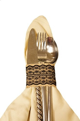 2" Jute Napkin Ring With Lace, Set of 8, Black