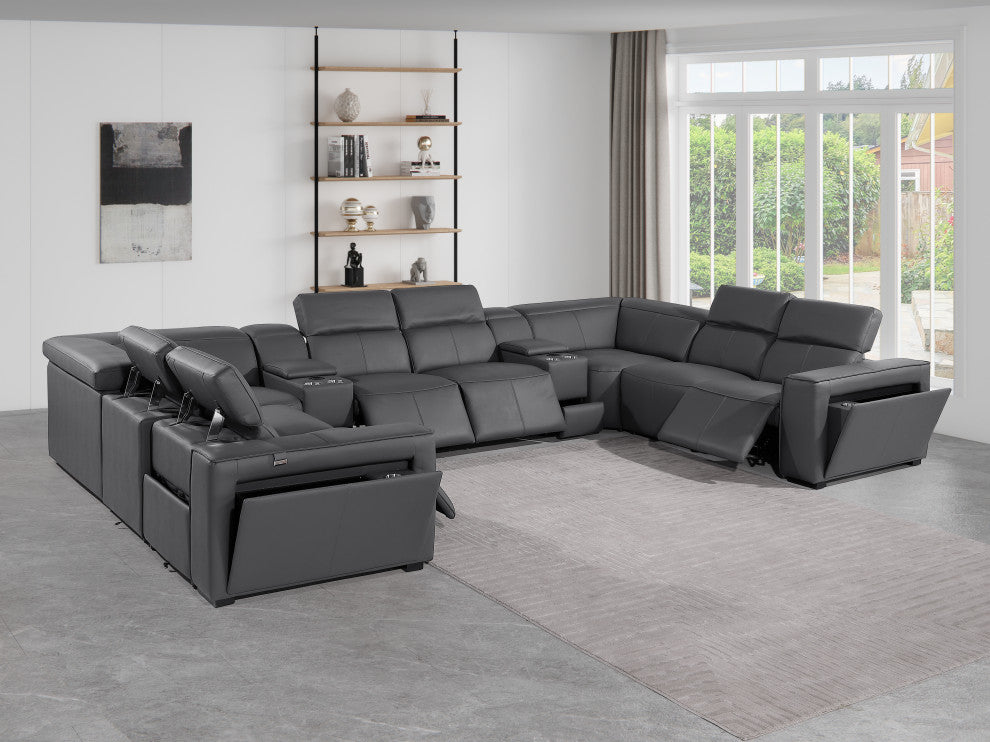 Niccolo Italian Leather 10-Piece U-Shaped 4 Power Reclining Sectional, Dark Gray