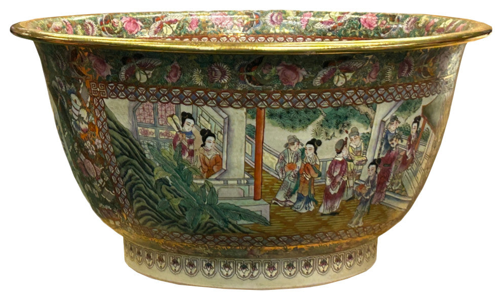 Vintage Chinese Famille Rose People House Graphic Porcelain Bowl Pot Hws4342