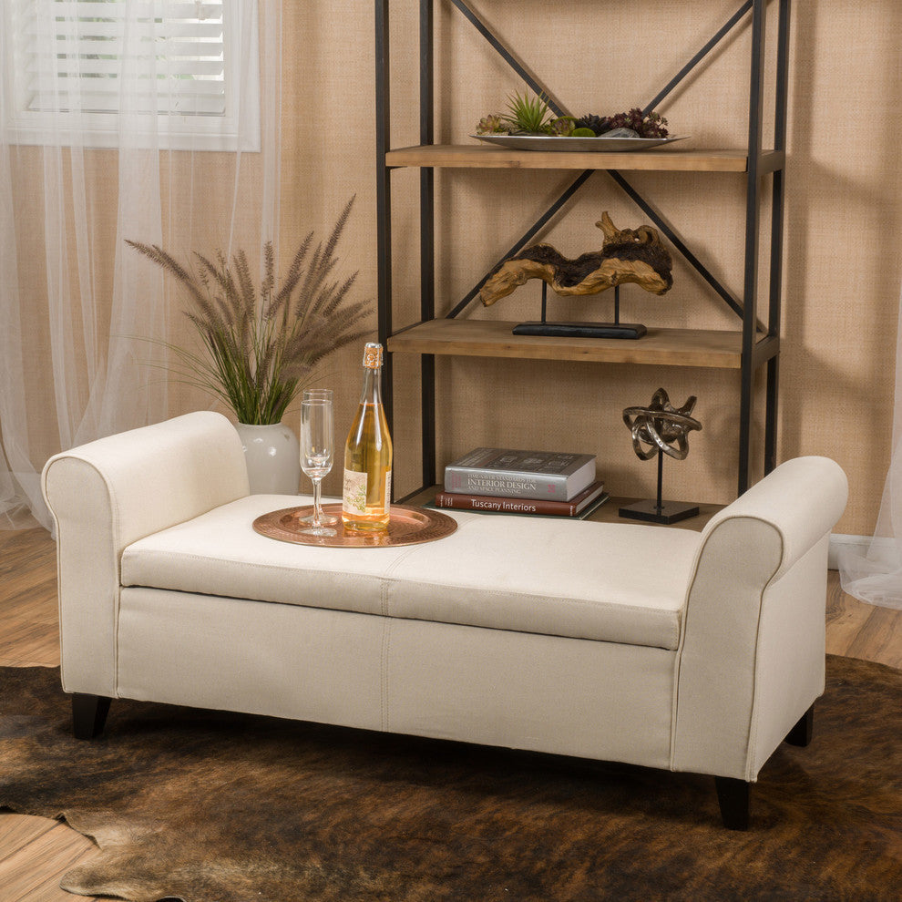 GDF Studio Hayes Contemporary Fabric Storage Ottoman Bench with Rolled Arms, Beige