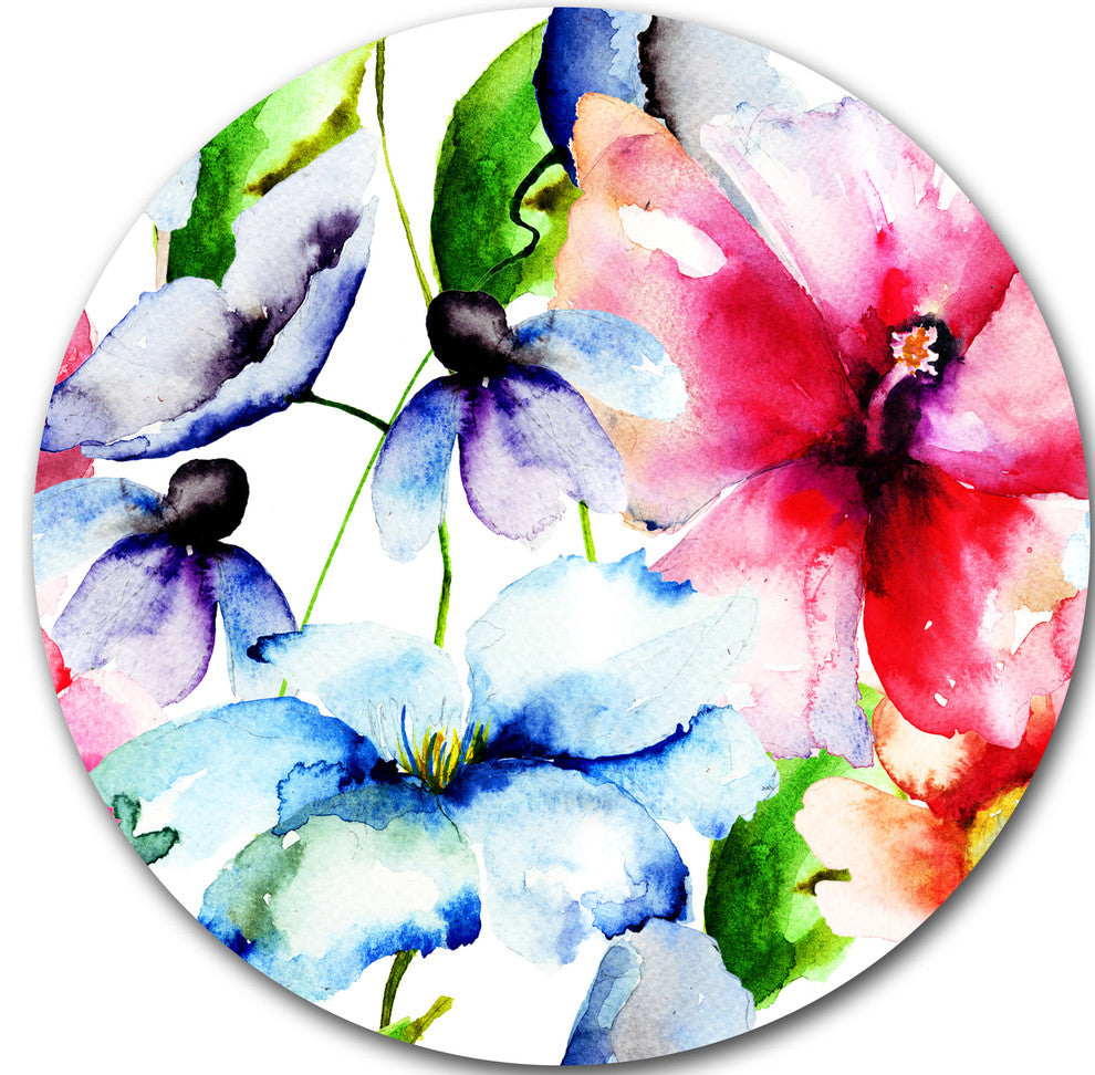 Watercolor Flowers Everywhere, Floral Round Wall Art, 23"