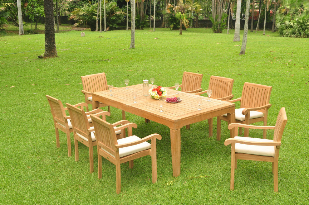 9 Piece Teak Dining Set, 122" Double Extn Rectangle Table, 8 Nain Stacking Chair
