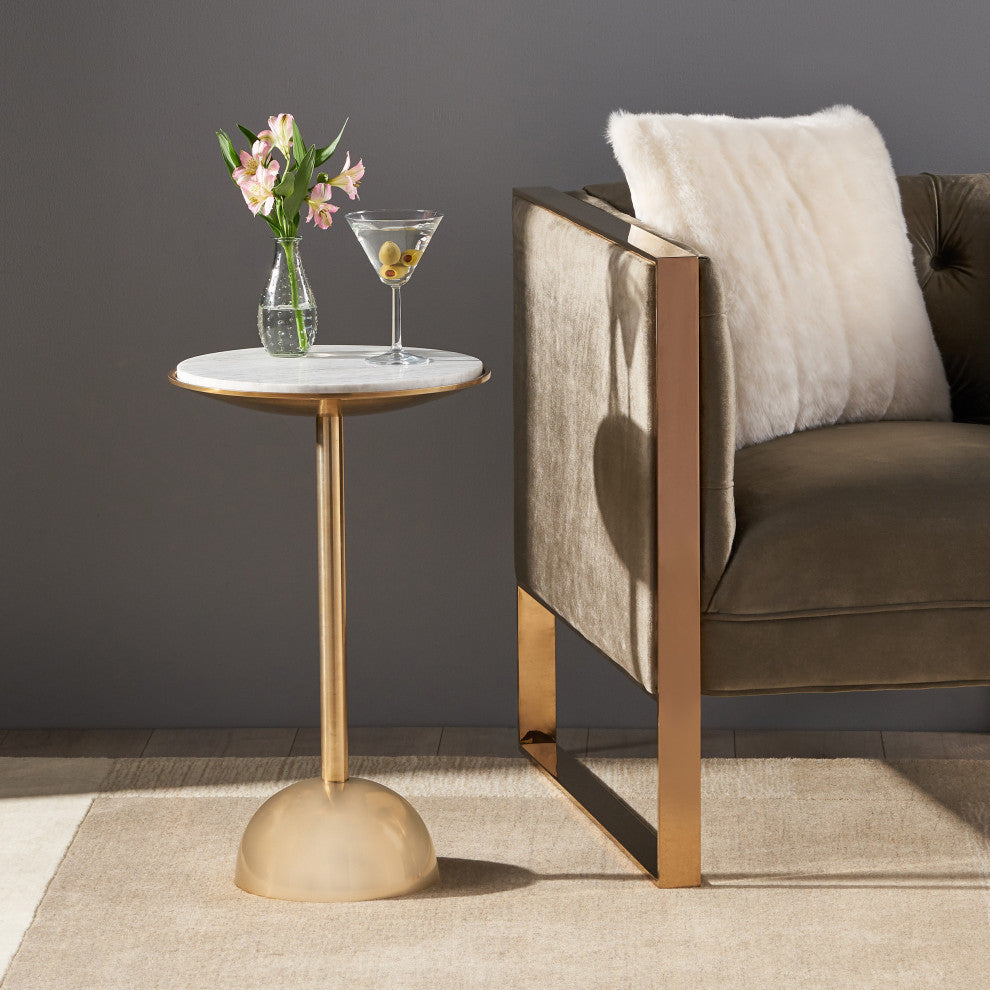 Metropolitan Modern Glam Handcrafted Aluminum Accent Table with Marble Table Top