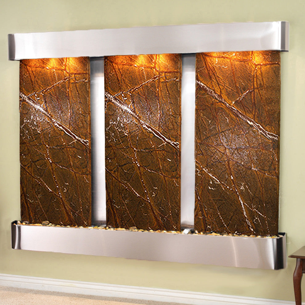 Deep Creek Falls Fountain, Brown Marble, Stainless Steel, Round
