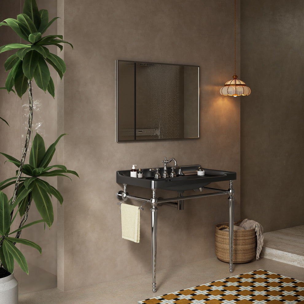 Wall-Mounted Black Ceramic Vanity Basin with Stainless Steel Support Legs, Chrome