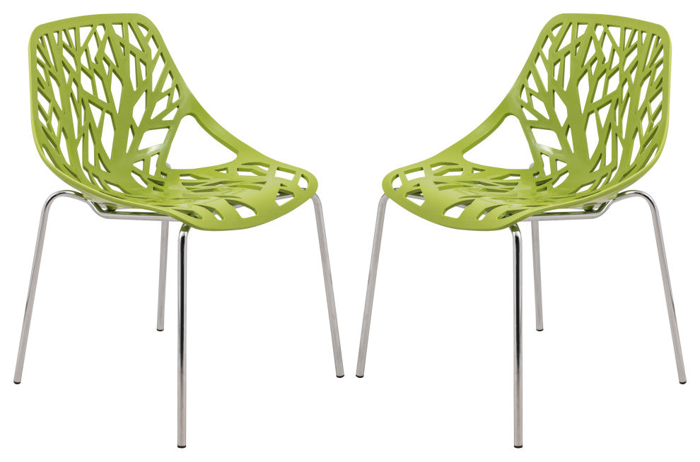 Leisuremod Asbury Plastic Stackable Dining Chair With Chromed Legs, Set of 2, Green