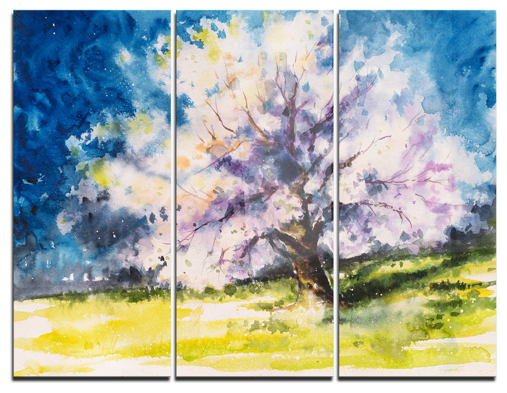 "Blooming Cherry Tree Blue" Watercolor Metal Wall Art, 3 Panels, 36"x28"