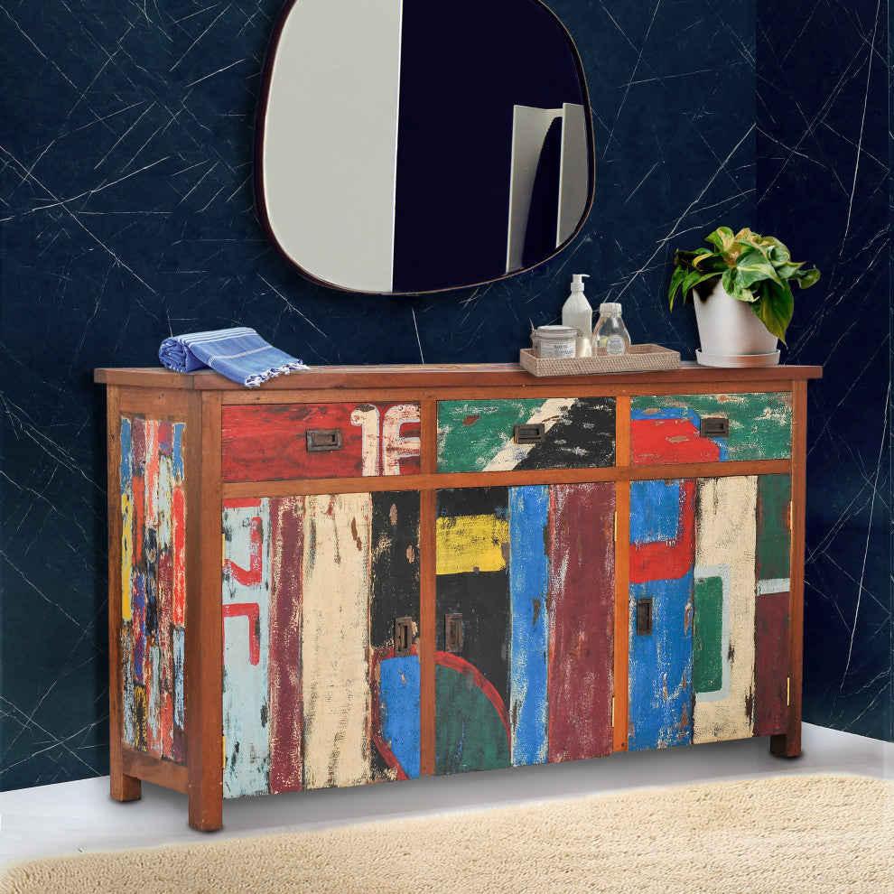 Marina Del Rey Recycled Teak Wood Linen Cabinet With 3 doors and 3 drawers