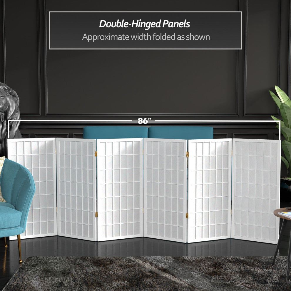 3' Tall Window Pane Shoji Screen, White, 6 Panels
