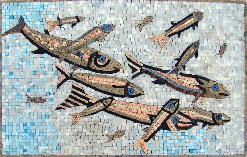 Group of Swimming Fish Marble Mosaic, 31x20