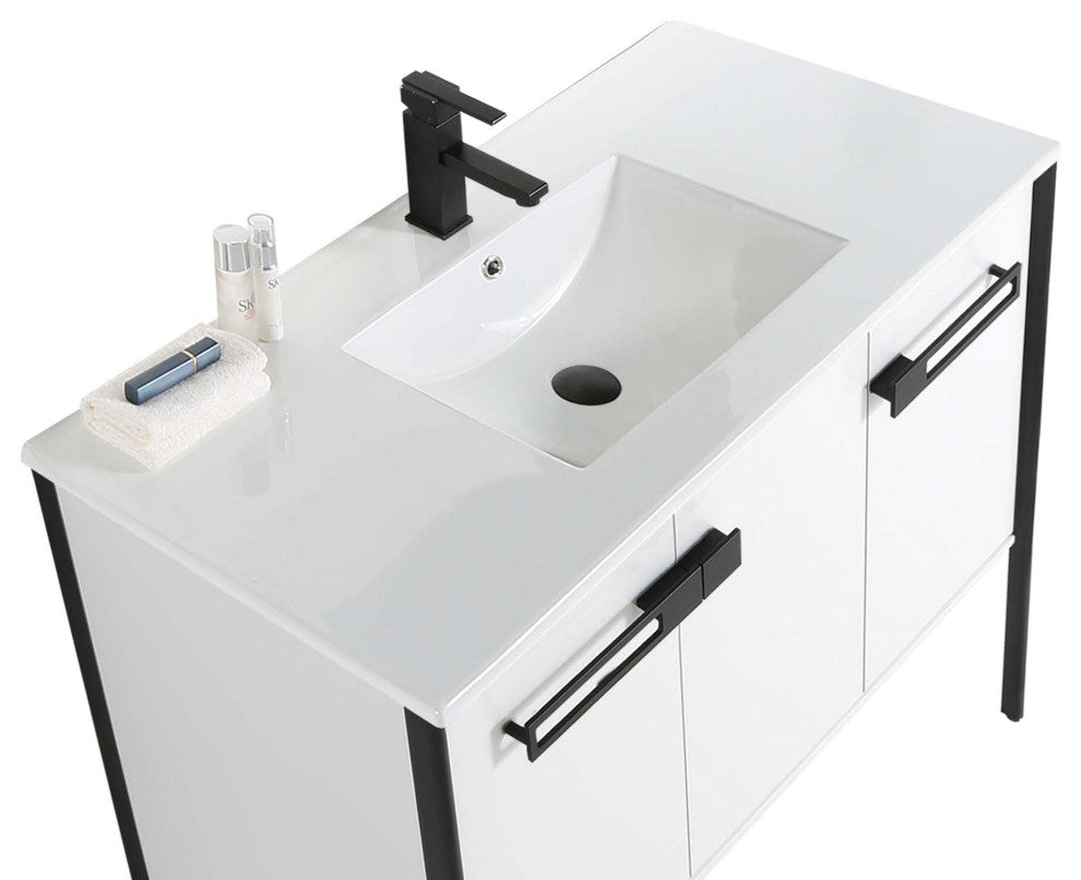 Oakville Bath Vanity, Ceramic Sink, White Matte, 42 Inch, Black Hardware