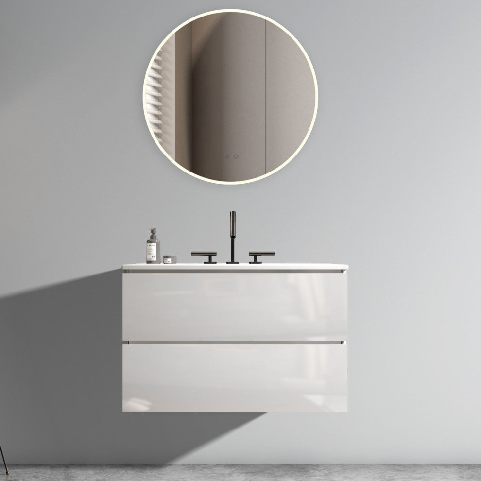 Wall-Mounted Bathroom Vanity Set with Ceramic Sink, White, 30"