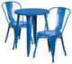 24" Round Blue Metal Indoor-Outdoor 3-Piece Table Set With 2 Cafe Chairs