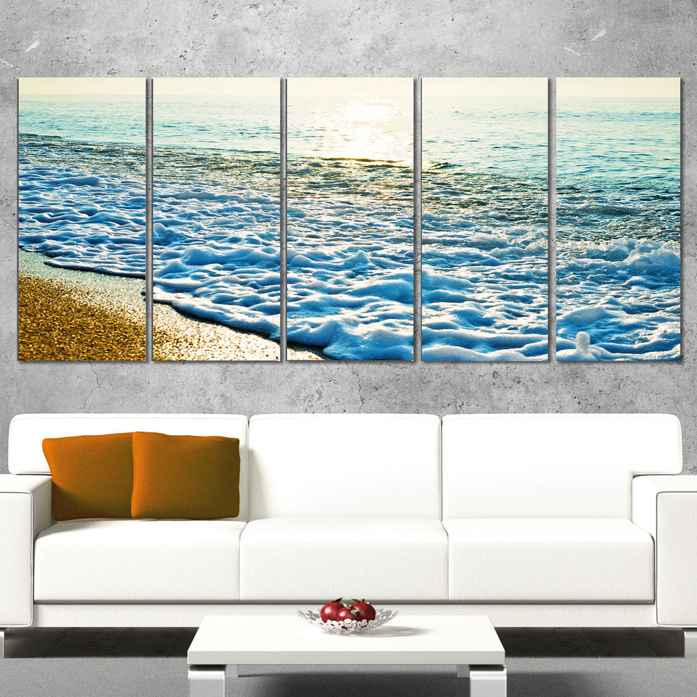 "Bright Blue Tranquil Seashore" Beach Canvas Wall Art, 5 Panels, 60"x28"