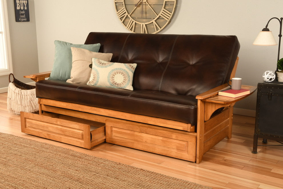 Mesa Frame Futon With Butternut Finish, Storage Drawers, Oregon Trail Java