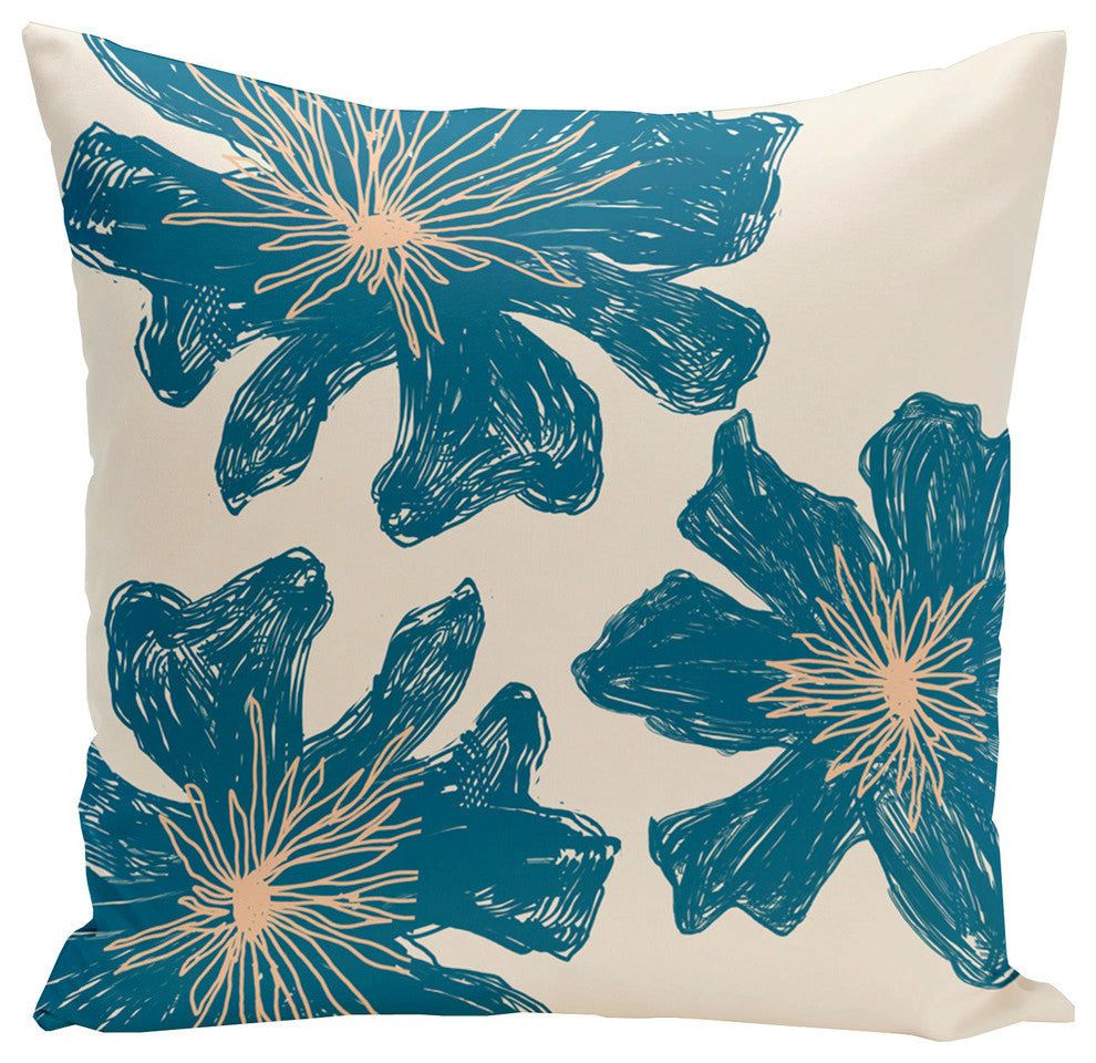 Polyester Pillow, Floral, Off-White, Blue, Peach, 18"x18"