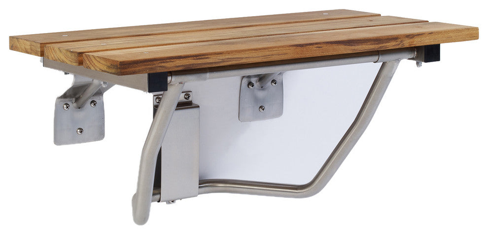 Rectangular Folding Shower Seat, Teak Wood, 24 Inch, Wall Mount