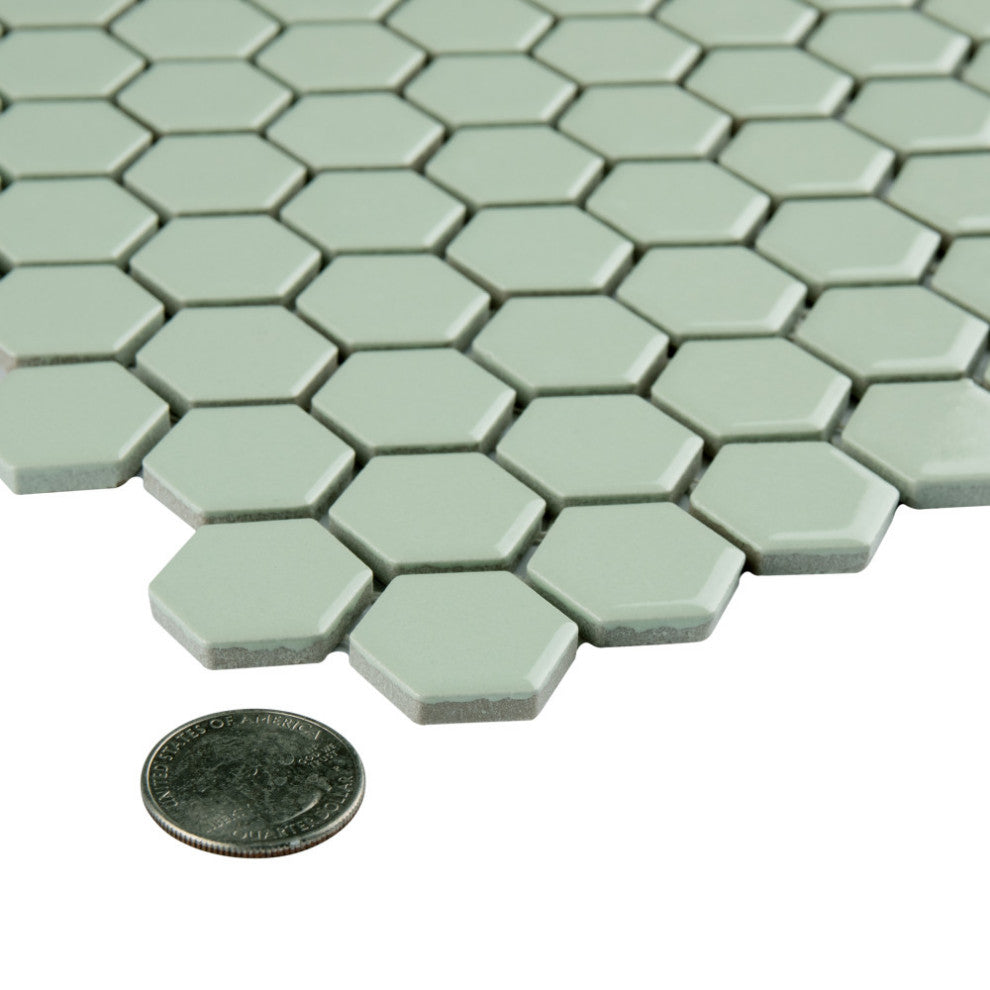 Metro 1" Hex Porcelain Mosaic Floor and Wall Tile, Glossy Mint