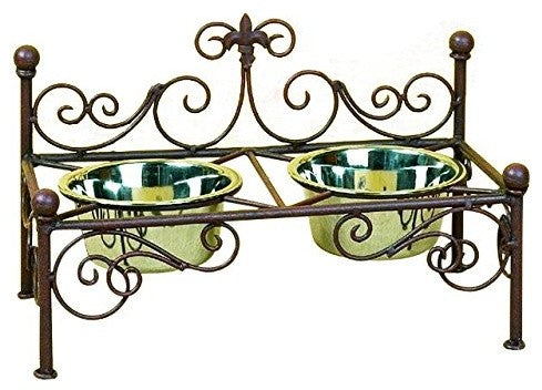 French Cottage Fleur de Lis Iron Pet Feeder Dish, Dog Scroll Brown Metal