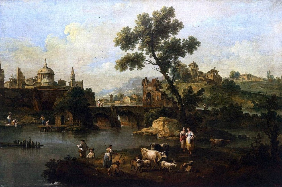 Giuseppe Zais Landscape With River and Bridge Premium Canvas Print